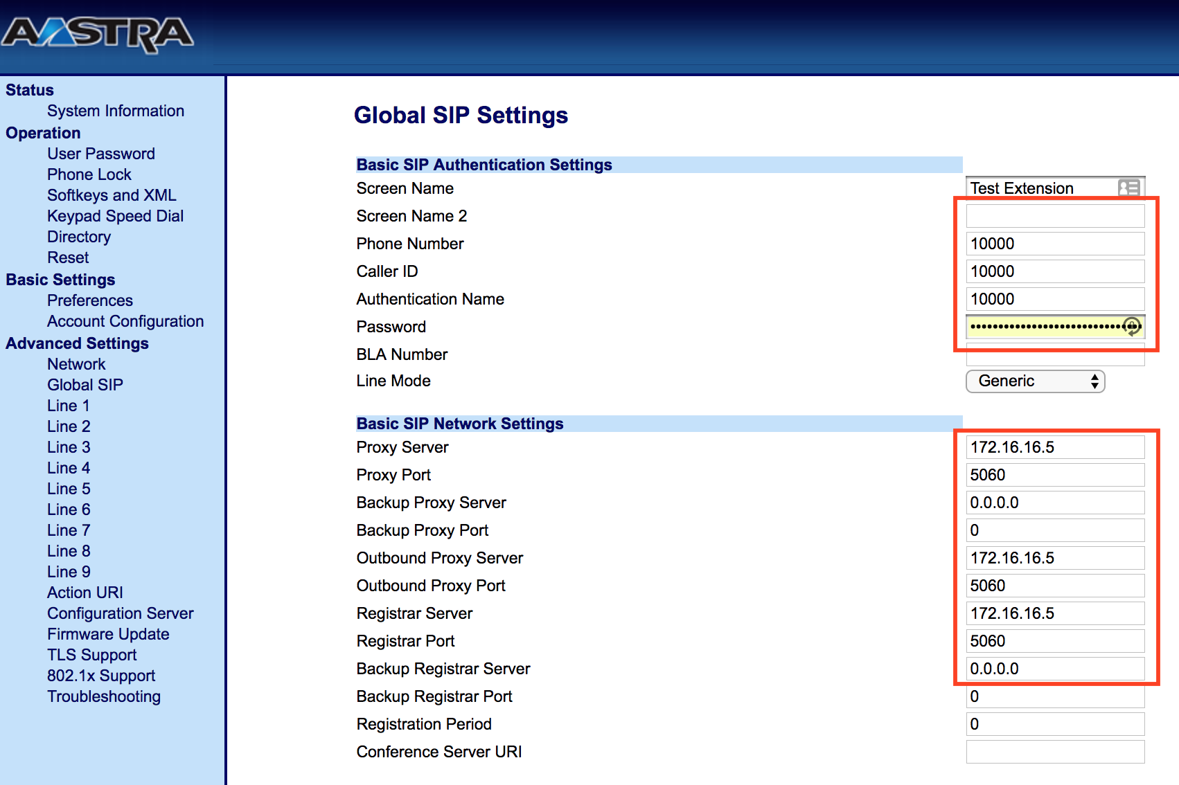 aastra phone global sip settings